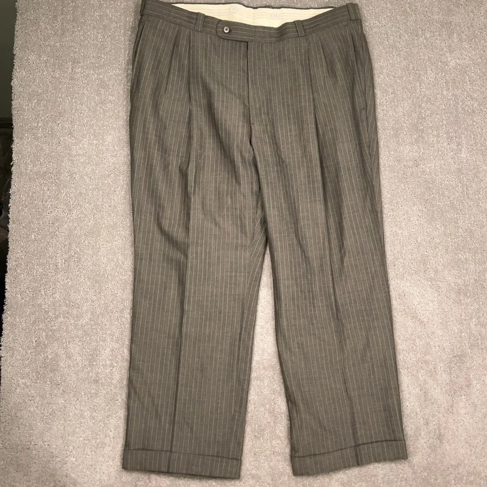 Tom James Suit Men 48R 40W Gray Pinstripe Bespoke Filo A Mano Holland Sherry